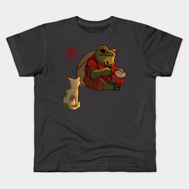 A Frog and a Kitty Kids T-Shirt by DingHuArt